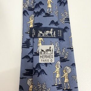 Hermes Tie Himalayan Sherpa Mountain Hikers Blue/Khaki Silk 7503 IA 3.25" x 58"